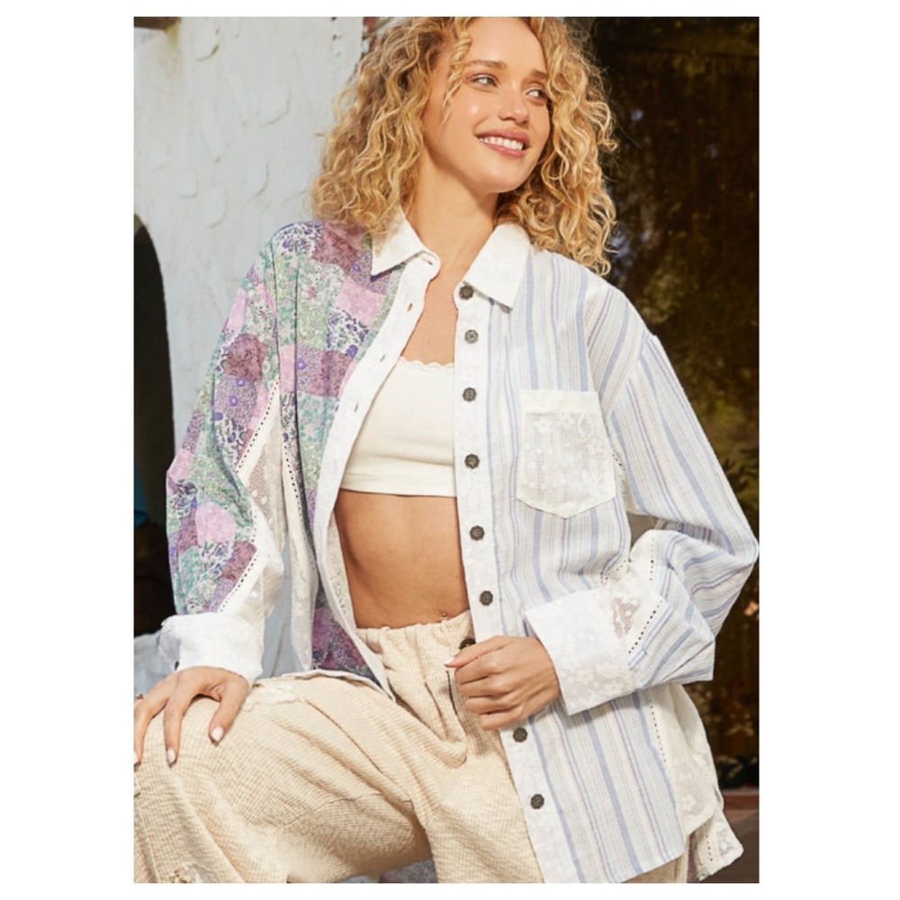 Pol Multicolor Patchwork Button-Up Shirt Nwot - image 2